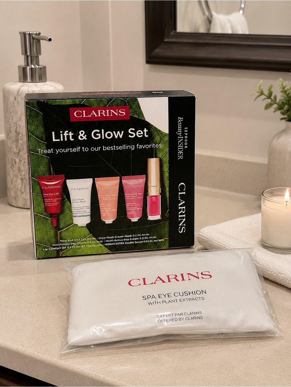(1) Clarins Lift & Glow Set with Spa Mask Bundle - 5 Bestsellers Kit plus mask!